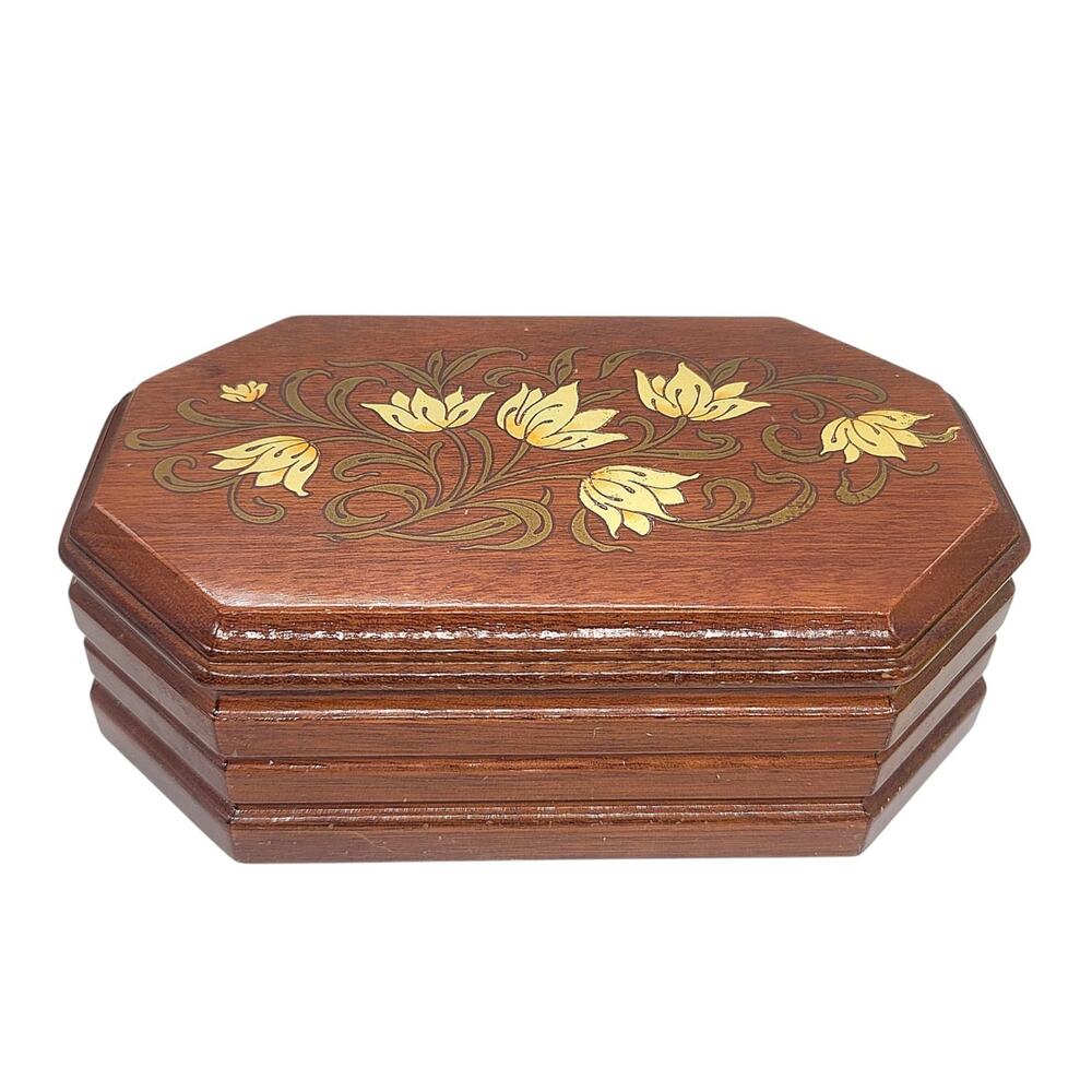 Vtg 1987 Rosalco Wooden Jewelry Box Flower Design Brass Hinge Velvet Lining M7
